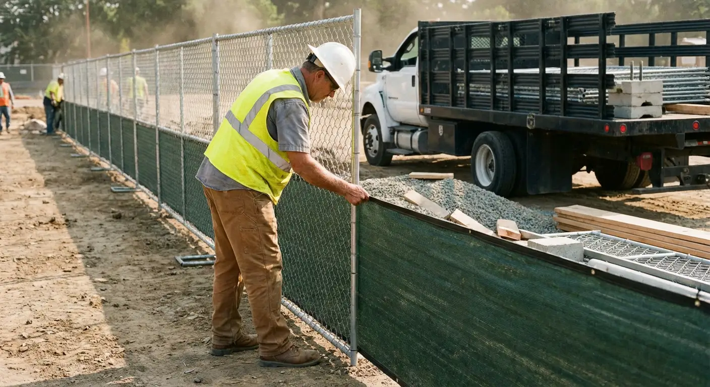 Privacy windscreen installation on construction fence in Brookline, MA