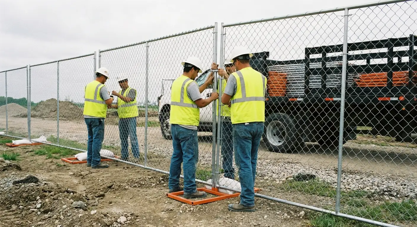 Brookline Village Rent-A-Fence team installing temporary fencing