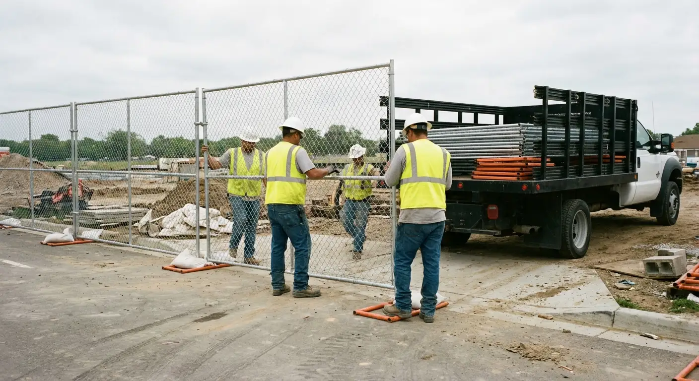 Brookline Village Rent-A-Fence team securing a construction site perimeter